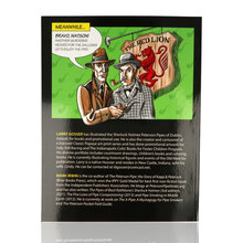 Back cover of Of Pipes and Men book showing illustrated Sherlock Holmes themed artwork and author details