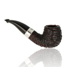 Rusticated Peterson 2022 bent briar pipe with silver band and curved vulcanite stem