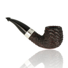Rusticated Peterson 2009 bent briar pipe with silver band and curved vulcanite stem