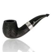 Peterson 160th Anniversary Sandblasted Bent Billiard 1379 briar pipe with textured black finish, silver band, and curved vulcanite stem shown from multiple angles.