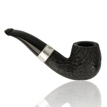 Peterson 160th Anniversary Sandblasted Bent Billiard 1379 briar pipe with textured black finish, silver band, and curved vulcanite stem shown from multiple angles.