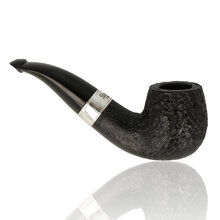 Peterson 160th Anniversary Sandblasted Bent Billiard 1387 briar pipe with textured black finish, silver band, and curved vulcanite stem shown from multiple angles.