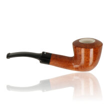Side profile of Dr Plumb 4598-01 showing forward-canted calabash bowl and curved vulcanite stem