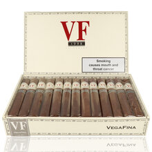 An open box of VF 54 showing cellophane wrapped cigars neatly lined inside.