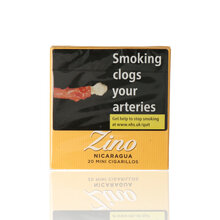 Front view of Zino Nicaragua Mini Cigarillos pack with gold branding and health warning.