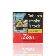 Front view of Zino Dominican Mini Cigarillos Red pack with red branding and health warning.
