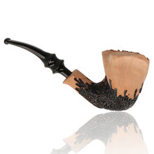 Side view of Erik Nørding Signature Rustic Freehand poker pipe featuring carved black rustic detailing and organic rim