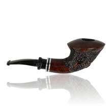 Side view of Nørding Queen unfiltered briar pipe showing contrasting smooth mahogany finish and black textured rustication.
