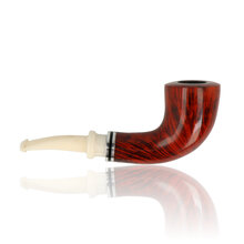Side profile of Nørding Queen unfiltered briar pipe featuring silver accent rings and rich red finish.