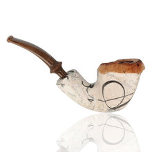 Side view of Nørding Harmony briar pipe featuring decorative handwritten motif and brown acrylic stem.