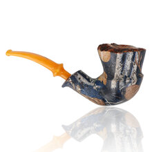 Handmade Danish freehand pipe decorated with winter forest artwork, deer motif and natural plateau rim.