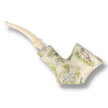 Handmade Danish freehand pipe decorated with deer, trees and countryside scenery, finished with a natural plateau rim.