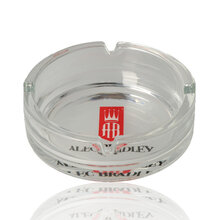 Alec Bradley clear glass cigar ashtray with official red and black branding and four integrated cigar rests.