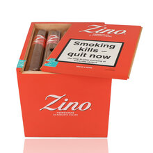 Open box of 25 Zino Honduras Robusto Red cigars showing the bright red presentation box and individually banded cigars.