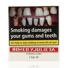 Romeo y Julieta Club 20 pack containing 20 authentic Cuban mini cigars in the brand's classic white and red packaging.